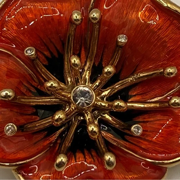 Vintage Monet Poppy Brooch β’ Red-Orange Enamel + Rhinestones β’ 2β β’ Signed - Picture 12 of 16